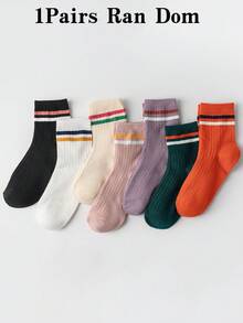 1/7 Pairs All-Season Moisture-Wicking Soft Skin-Friendly Breathable Odor-Resistant Black & White All-Match Color Contrast Striped Edge Mid-Calf Socks Retro Colorful All-Match Style Student Versatile Casual Long Socks - Multicolor - View 9