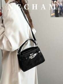 1pc Litchi Texture Asymmetric Shoulder Bag Small Crossbody Bag Vintage Minimalist Handheld Kelly Square Bag For Women Suitable For Shopping, Work, Dating - Black - View 4