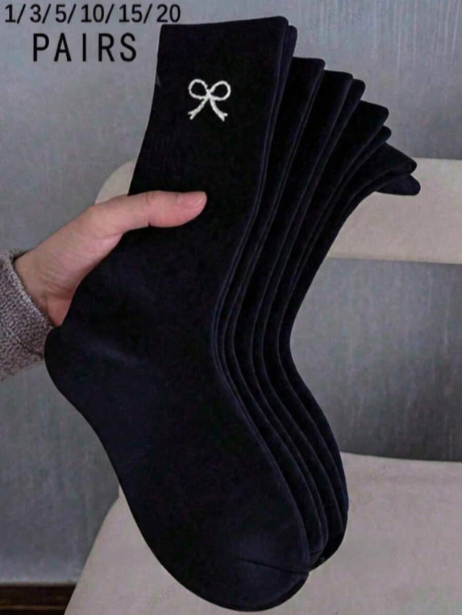 1/3/5/10/15/20 Pairs Women's Bow Mid-Calf Postpartum Maternity Socks, Solid Color Wide Cuff Soft Breathable Moisture-Wicking Non-Stuffy, Suitable For Back To School Season - Black - View 1