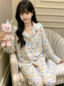2pcs/Set Women's Pajamas Loungewear Set, Lapel Lace Patchwork Cute Pattern Print Cardigan Long Sleeve Pants, Easy Care Fabric - Multicolor - View 11