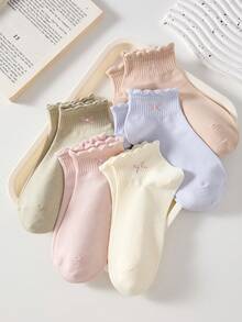 5 Pairs Ribbed Design Bow Lace Women's Short Socks, Non-Slip Comfortable Breathable, Suitable For Sports And Casual Wear - Multicolor - View 4