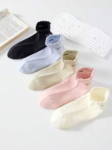 5 Pairs Women's Short Socks With Letter Pattern And Lace Trim, Non-Slip, Comfortable And Breathable, Suitable For All Seasons, Ideal For Sports And Casual Wear - Multicolor - View 7