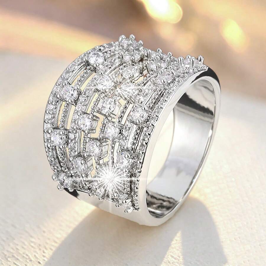 1個豪華寬面銅製戒指,鑲嵌cubic Zirconia,女士專用 - 銀色 - 查看 1