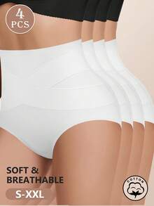 MEIYATING 4pcs/Pack Women's Mid-To-High Waist Cotton Panties, Tummy Control & Butt Lifting Triangle Briefs, Cross-Front Fitted - White - View 2