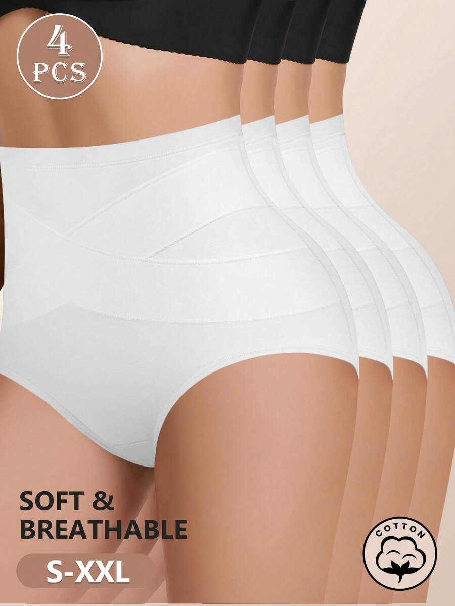 MEIYATING 4pcs/Pack Women's Mid-To-High Waist Cotton Panties, Tummy Control & Butt Lifting Triangle Briefs, Cross-Front Fitted