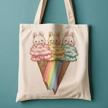 Bolsa de Lona para Compras con Diseño de Conejo y Helado - Diseño adorable de conejo y helado arcoíris, tonos suaves, bolsa de compras reutilizable, lona de poliéster resistente (13.8"x15.8" - A - Ver 4