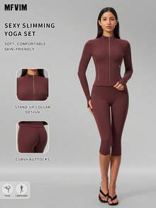 MFVIM Women's Versatile Yoga Set, Soft Skin-Friendly Fitted Jacket + Butt-Lifting Slimming Capris Leggings Riding Pants - Burgundy - View 1