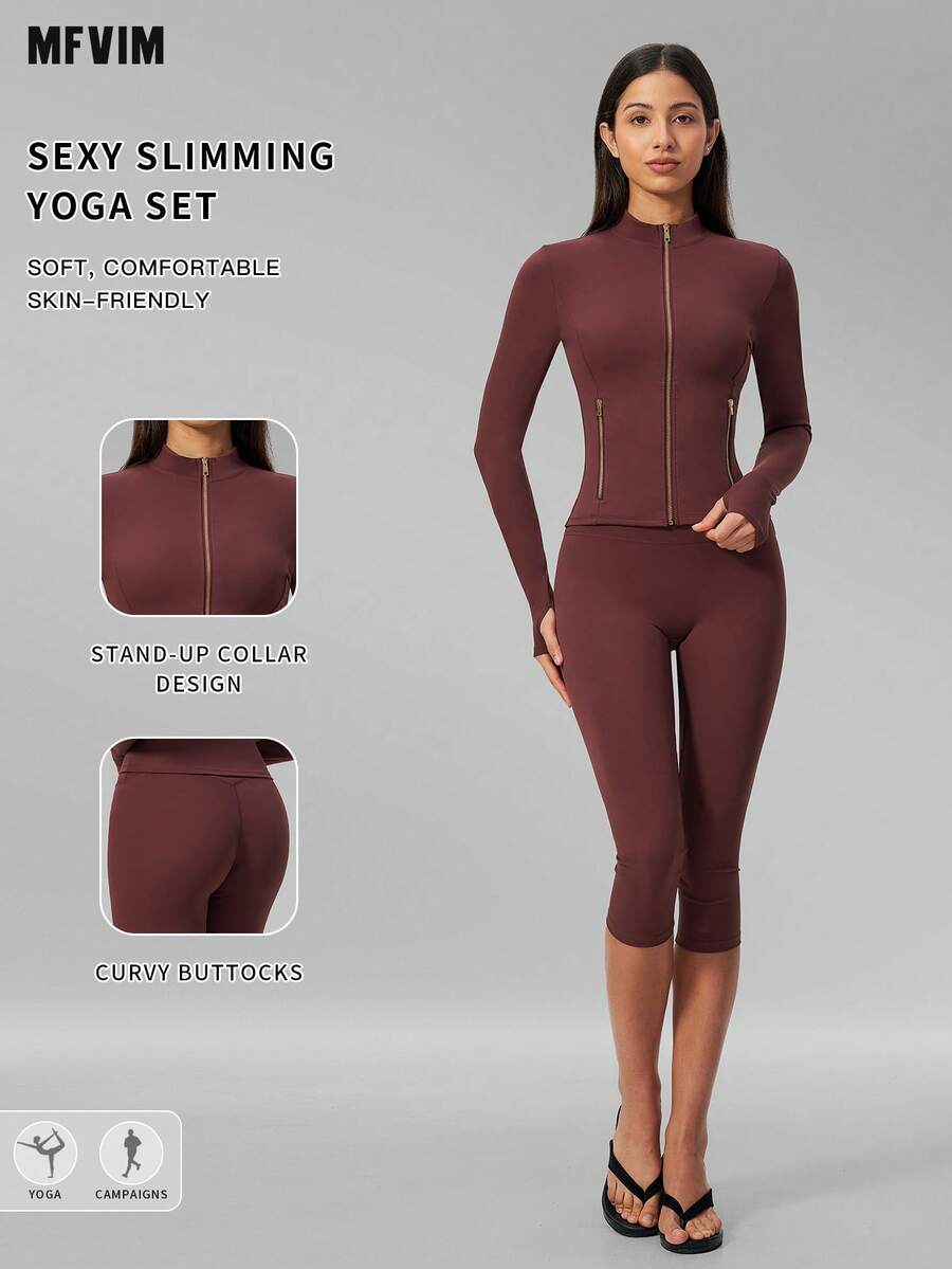 MFVIM Women's Versatile Yoga Set, Soft Skin-Friendly Fitted Jacket + Butt-Lifting Slimming Capris Leggings Riding Pants - Burgundy - View 1