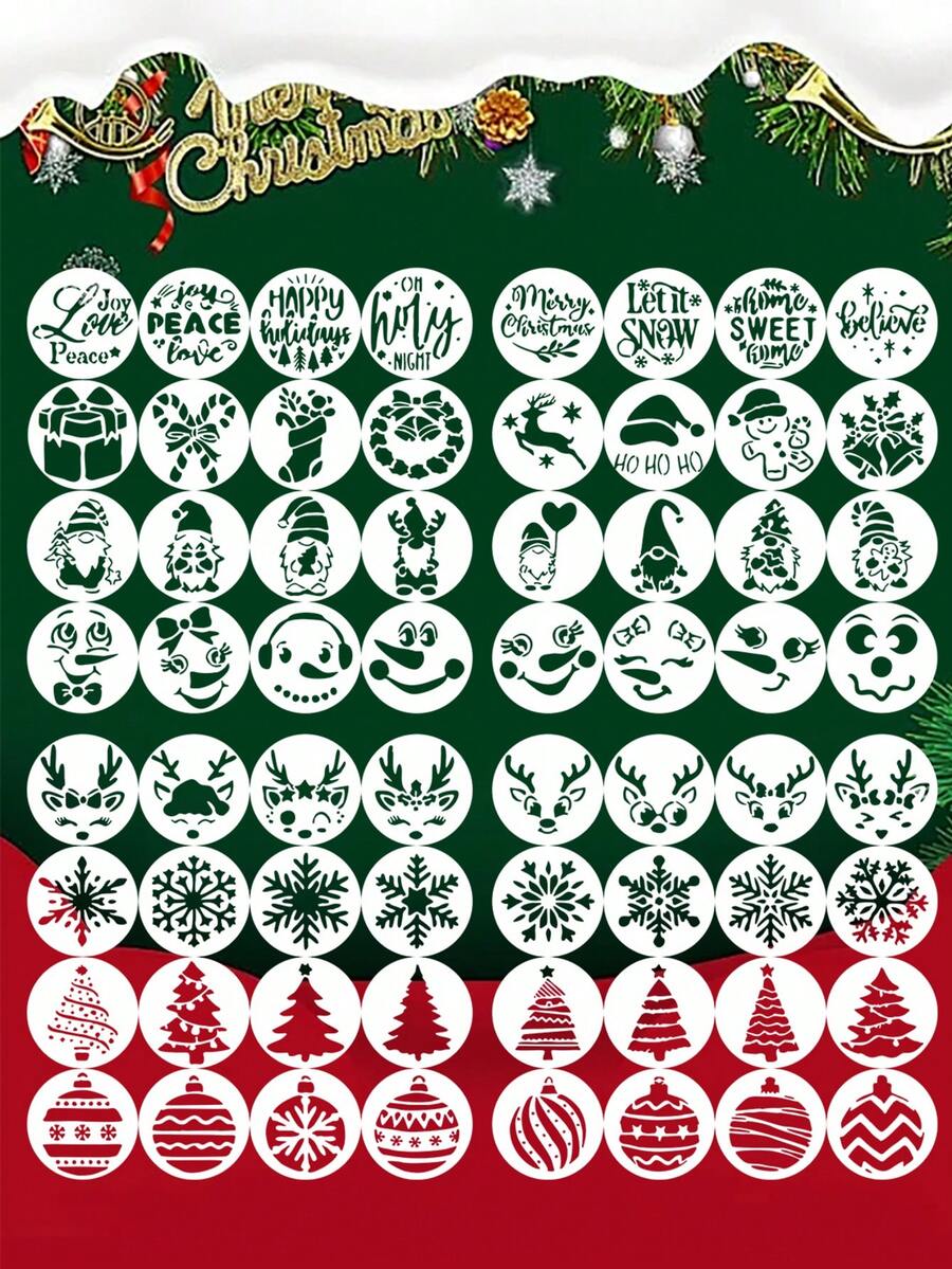 64pcs/Set 3-Inch Christmas Element Painting Stencils - Reusable, Suitable For Home Decor, Wall Art, DIY Greeting Card Making, Gift Making, Fabric Painting, Cookie Making. Includes Snowflakes, Trees, Gifts And More, Perfect For Christmas Crafts. - Sets - View 1