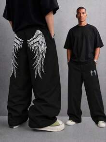 SU ER Men's Casual Drawstring Elastic Waist Loose Drapey Lazy Wide Leg Curved Hem Long Pants, Summer - Black - View 2