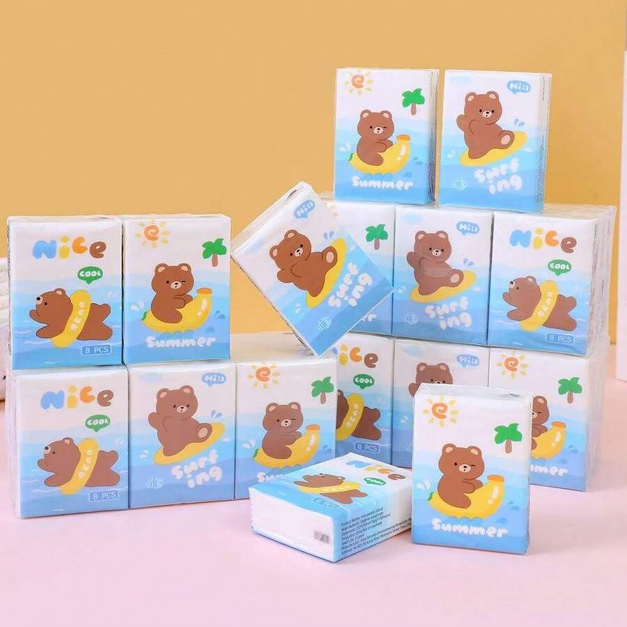 1/2/4/6/9/18 Packs Of Cartoon Patterned Handkerchief Tissues, Surfing Bear Patterns, Portable Small Package Tissues, Handkerchief Tissues And Student Pocket Tissues, Essential Items For Returning To School, Daily Cleaning Tissues, Travel Set - Multicolor - View 1