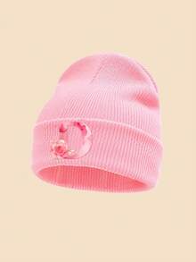1 Peça Gorro de Tricô Rosa Infantil, Estampa Floral de Letras A-Z, Chapéu Quente de Outono/Inverno, Macio e Confortável com Punho Dobrado, Adequado para Uso Diário, Pode Ser Usado como Presente - Rosa chiclete - Visão 21