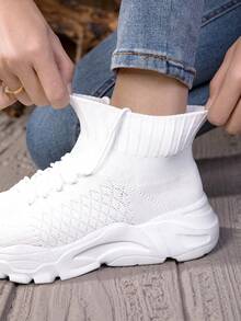 Women's Solid High‑Top Sock Sneakers, Knit Breathable Non‑Slip Chunky Sole Casual Shoes - White - View 2