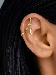 1PC 925 Sterling Silver Dainty Moon Dangle Charm Chain Pendant Convertible Ear Chain Earring Accessory Connector For Daily Wear Girls And Men Party - Gold - View 3