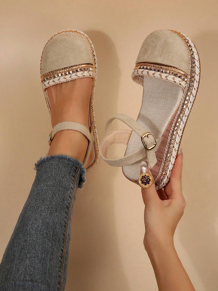 Sandal Tertutup Anyaman Gaya Bohemian untuk Wanita, Sepatu Pantai Kasual dengan Sol Tebal dan Tali Belakang Berhiaskan Rivet Vintage - Aprikot - View 1