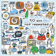 50pcs Original Hand-Drawn Cartoon Crayon Cat & Fish Creative Cute Adorable DIY Storage Box & Planner Decorative Stickers - Multicolor - View 11