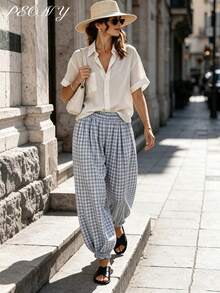 PEONY Women's Autumn Elegant Casual Vacation Bohemian Style Loose Light Gray Plaid Balloon Pants, Suitable For Summer Casual Holiday Outfits, Beach Vacation, Office Commute, Daily Wear, Beach, Party Gathering, Back To School, School Season, Holiday - Light Grey - View 2