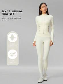 MFVIM Women's Versatile Yoga Set, Soft Skin-Friendly Fitted Jacket + Butt-Lifting Slimming Wide Leg Casual Pants - Creamy White - View 2