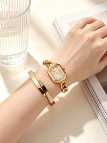 REBIRTH 2pcs Set Fashionable Minimalist Bracelet And Watch, Casual Versatile Daily Wear Accessory Set - Gold - View 3