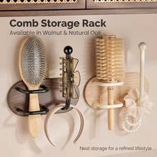 Drill-Free Wall Mount Hair Tool Organizer, Wooden Bathroom Storage Rack For Brushes, Claw Clips & Hair Ties, No-Drill Space Saver - View 3
