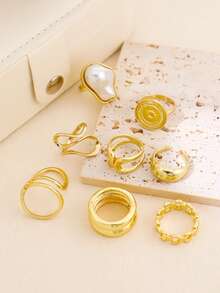 8Pcs/Set Vintage Elegant Faux Pearl Rings Set For Women Irregular Geometric Finger Rings Party Wedding Jewelry Accessories - Yellow Gold - View 4