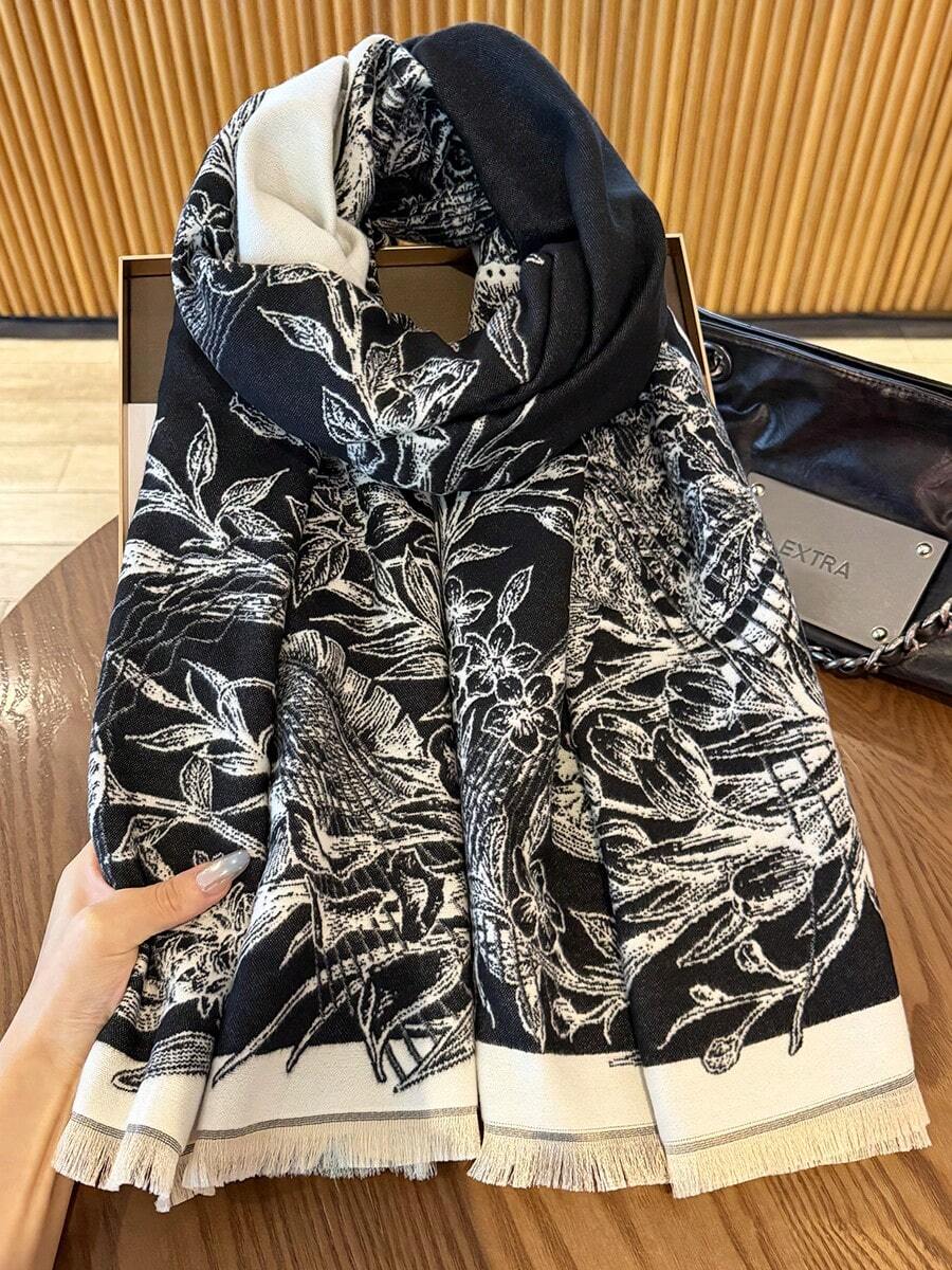 1pc Women's Patterned Scarf, Winter Warm Versatile Shawl, Dual-Use Air-Conditioned Room Office Cape, Long Thick Neck Warmer - Black - View 1