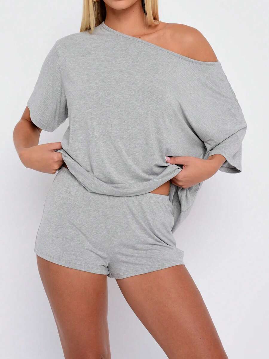 Women Summer Pajama Set Solid Color Off Shoulder Short Sleeve Tops And Mini Shorts 2 Piece Lounge Outfit - Grey - View 1