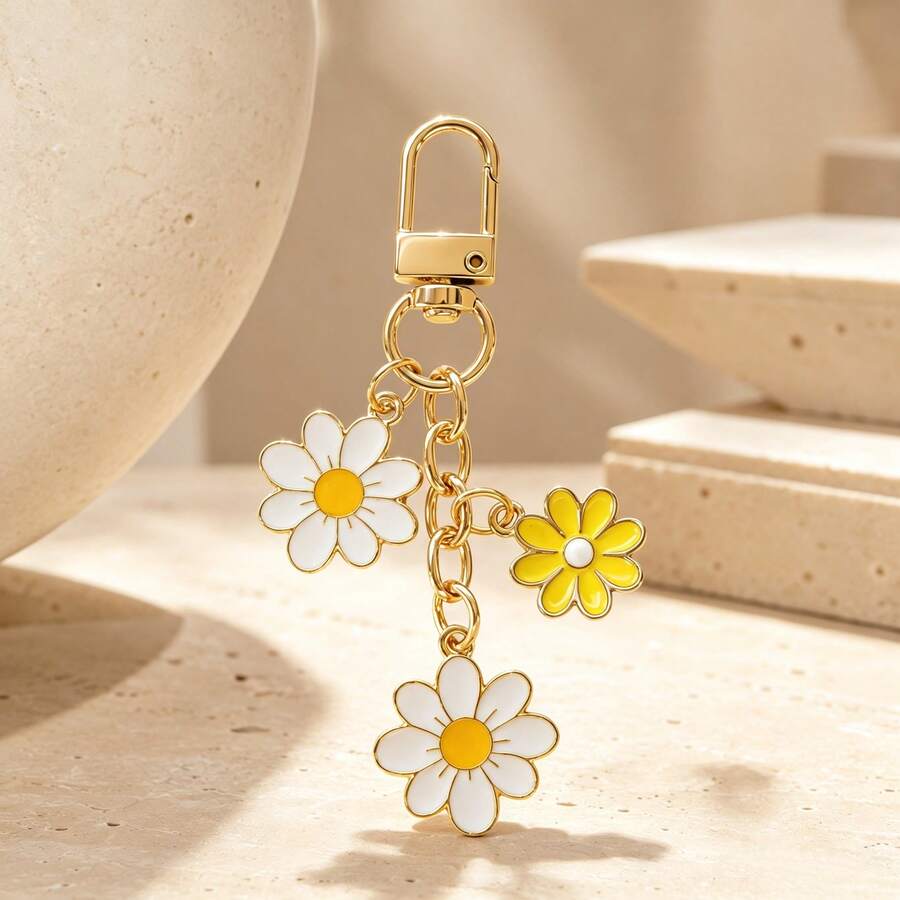 1件女款Ins風合金滴油花朵鑰匙圈,清新雛菊花卉飾品包掛件 - 彩色 - 查看 1