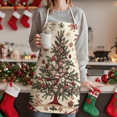 1 buah Celemek Bermotif Pohon Natal, Cocok untuk Kerja, Pesta, Memasak, dan Berbagai Acara Liburan dan Makan Malam