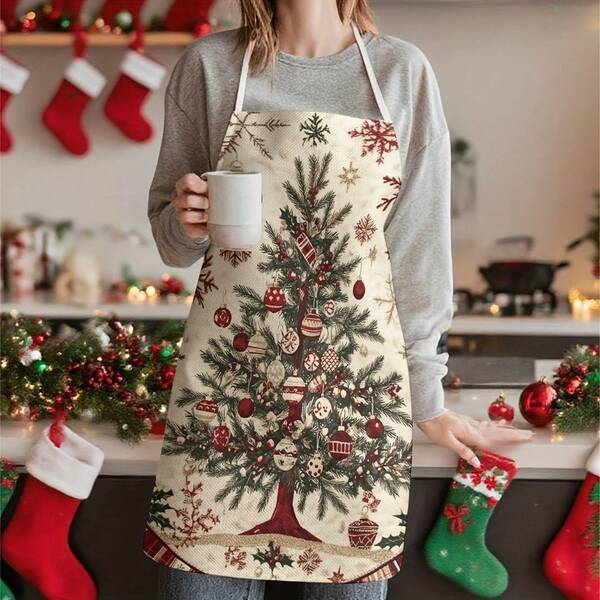 1pc Christmas Tree Print Apron, Suitable For Work, Party, Cooking And Various Holiday And Dining Occasions