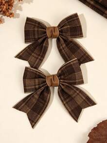 2pcs Brown Bow Hair Clips For Girls,Fabric Brown Plaid Pattern Decor Hair Bows For Girls,Fashion Fall Hair Accessories For Girls Autumn Gifts - Brown - View 2