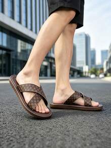 Men's Luxury Geometric Print PU Leather Sandals, Soft Anti-Slip Thick Sole, Hollow Detail Breathable Open Toe Flat Slippers, Lightweight Durable Flip Flops For All-Day Wear, Fashionable Versatile Cross Roman Sandals, Suitable For Summer, Home, Outdoor, Office, Vacation, Men's Anti-Slip Casual Sandals, Dual-Color Luxury Design (Brown / Black) Fits All Outfits, Perfect Choice For Summer And Casual Travel - Brown - View 4