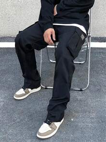 Men's Black Cargo Sweatpants, Dual Side 3D Cargo Pockets With Elastic Drawstring Waist Design, Loose Wide Leg Straight Fit Textured Fabric, Pocket With Small Label Accent. Versatile Casual Commute Sports Multi-Occasion Long Pants. Unisex - Black - View 2