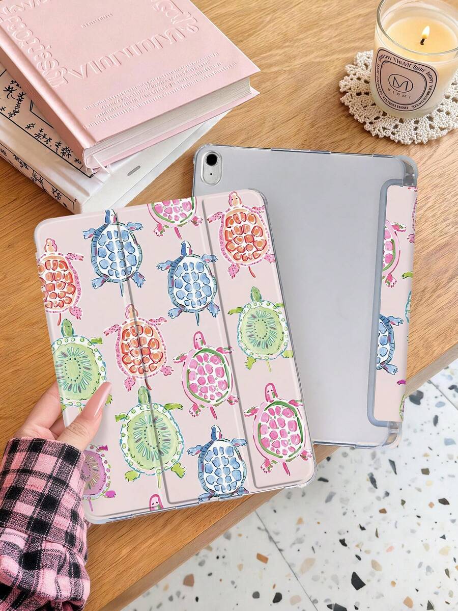 1件裝彩色小烏龜平板保護殼,相容 iPad Mini 4/5/6/7/Air/Air 2/9.7/10.2/10.5/10.9 (Air 4-Air 8)/Pro 11/10th Gen/A16/Pro 11 2024、Galaxy A8 機型,彩繪圖案軟殼,三折支架,自動休眠/喚醒,內建筆槽,不含筆 - 彩色 - 查看 1