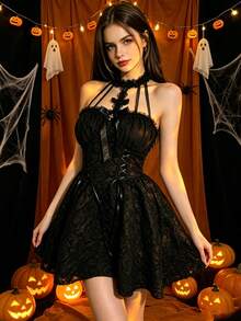 Dress 1, Gothic Lolita Spaghetti Strap Dress With Corset And Bow Decoration, Black Lace Mini Party Dress, Suitable For Cosplay Fall - Black - View 5