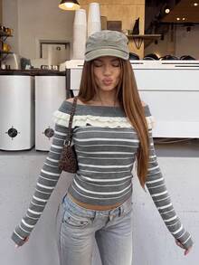 2026 Sexy Double Layer Ruffle Off-Shoulder Striped Knit Top, Gray And White Horizontal Stripes Ribbed Slim Fit Long Sleeve Sweater, Double Layer Frill Collar, Spring/Autumn Date Night Hot Girl, High Elastic Fine Knit 18-35 Women's Slimming Knit Base Layer - Grey - View 10