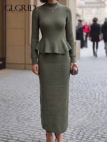 Autumn/Winter New Semi-High Neck Waist-Cinching Ruffle Hem Knit Top + Bodycon Long Skirt Vintage Slimming Two Pieces Set, Convenient Outfit With Fall - Olive Green - View 8