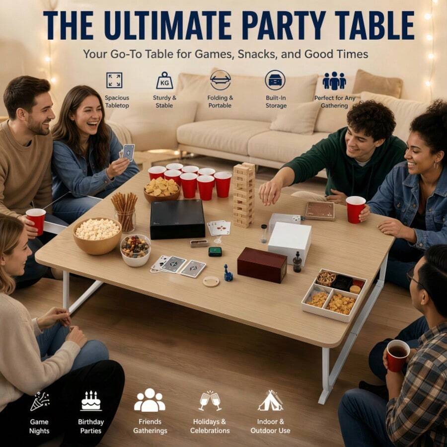 Heavy Duty Folding Game & Activity Table, Portable Indoor Outdoor Table, No Assembly, Large Top For Puzzles Board Games, Reinforced Frame For Game Room BBQ Holiday Party Picnic Dining Adult Game Night