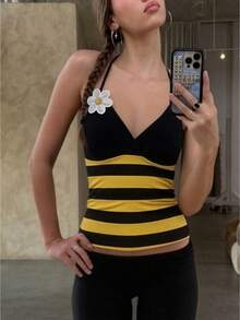 Women Halloween Bee Ladybug Cosplay Cami Top, V Neck Spaghetti Strap Daisy Decor Ruched Fitted Going Out Costume Tank Top For Theme Party - Yellow - View 1