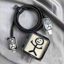 5 piezas/Set Protector de cable de datos con patrón de línea divertido, adecuado para adaptador de cargador 18-20W, evita la rotura del cable - Negro - Ver 7