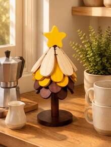 Wooden Christmas Tree Coaster Set With Yellow Star Topper, Heat-Resistant Leaf-Shaped Drink Coasters With Base, Mini Christmas Tree Desktop Decor, 2-In-1 Home & Office Desk Ornament, Unique Christmas Housewarming Gift - View 7