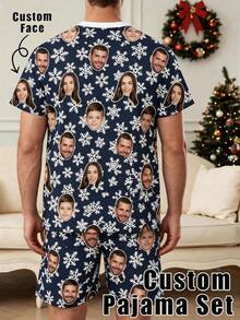 Upload Custom Portrait Male Sleepwear Set, Winter Snowflake & Multi Family Faces All Over Customized PJs Holiday Surprise Present - Multicolor - View 3