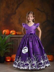 Tween Girl Halloween Series Pattern Satin Princess Dress, Holiday Party Dress Suitable For Gatherings And Balls, Fabric Pattern Randomly Cut, Does Not Include Hat And Headband - Purple - View 4