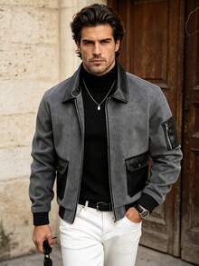 Men's Autumn/Winter Fashion Casual Jacket, Grey Leather Coat, Minimalist Versatile Stylish Lapel Jacket - Grey - View 1