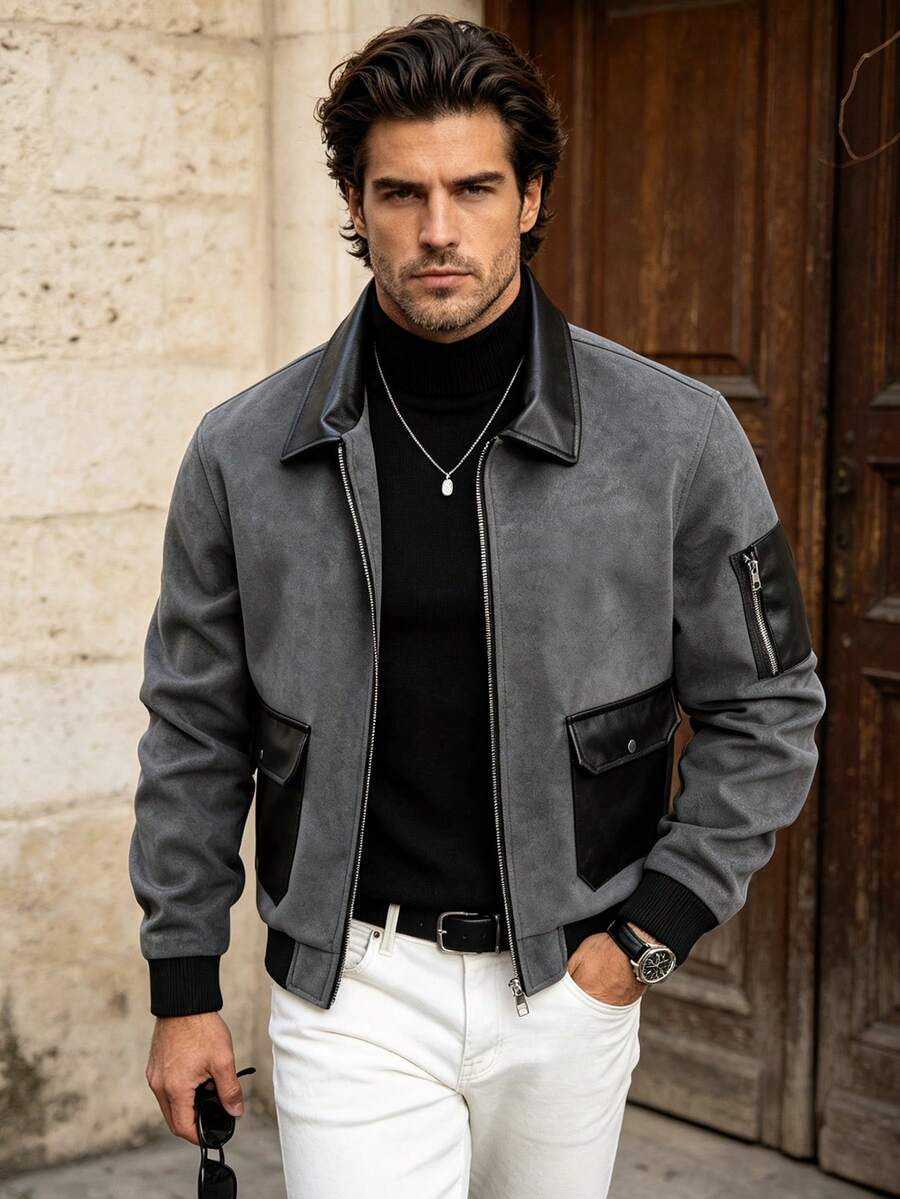 Men's Autumn/Winter Fashion Casual Jacket, Grey Leather Coat, Minimalist Versatile Stylish Lapel Jacket - Grey - View 1