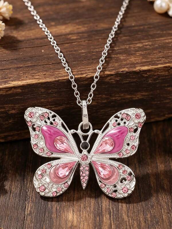 1pc Heavy-Duty Hollow Butterfly Pendant Necklace, Oil-Drip Inlaid Artificial Rhinestone Vintage Fashion Necklace