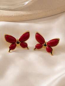 8 Pairs Vintage Red Enamel Stud Earrings Set, Women's Gold Flower Butterfly Turtle Geometric Shaped Exaggerated Jewelry, Suitable For Daily Wear And Party - Red - View 21
