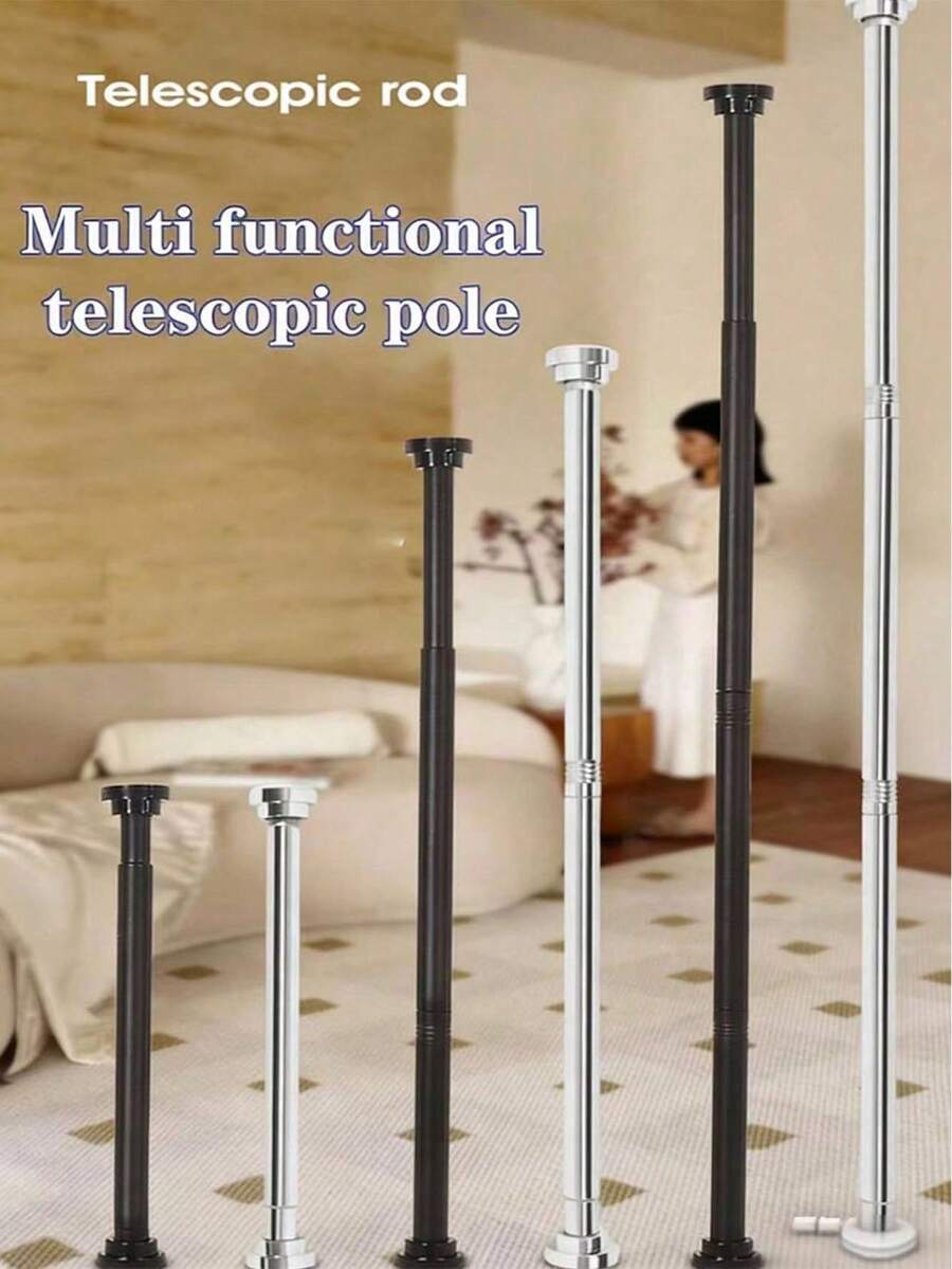 1pc Silver/Black Stainless Steel Adjustable Shower Curtain Rod, No Drilling Installation, Tension Rod, Hanging Rod, Clothes Drying Rack, Storage Rod, Kitchen Utensil Hanging Rod, Curtain Rod, Suitable For Bedroom, Bathroom, Balcony, Multiple Lengths Available, Multi-Functional Product For Bedroom, Balcony, Closet, Outdoor Clothes Drying - A - View 1