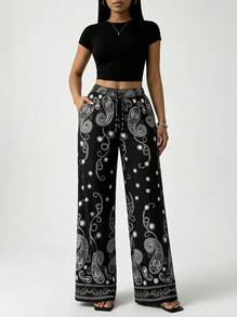 All-Over Allover Print Polka Dot & Floral Pattern Waist Tie Casual Pants For Home & Holiday Vacation Black - Black - View 1