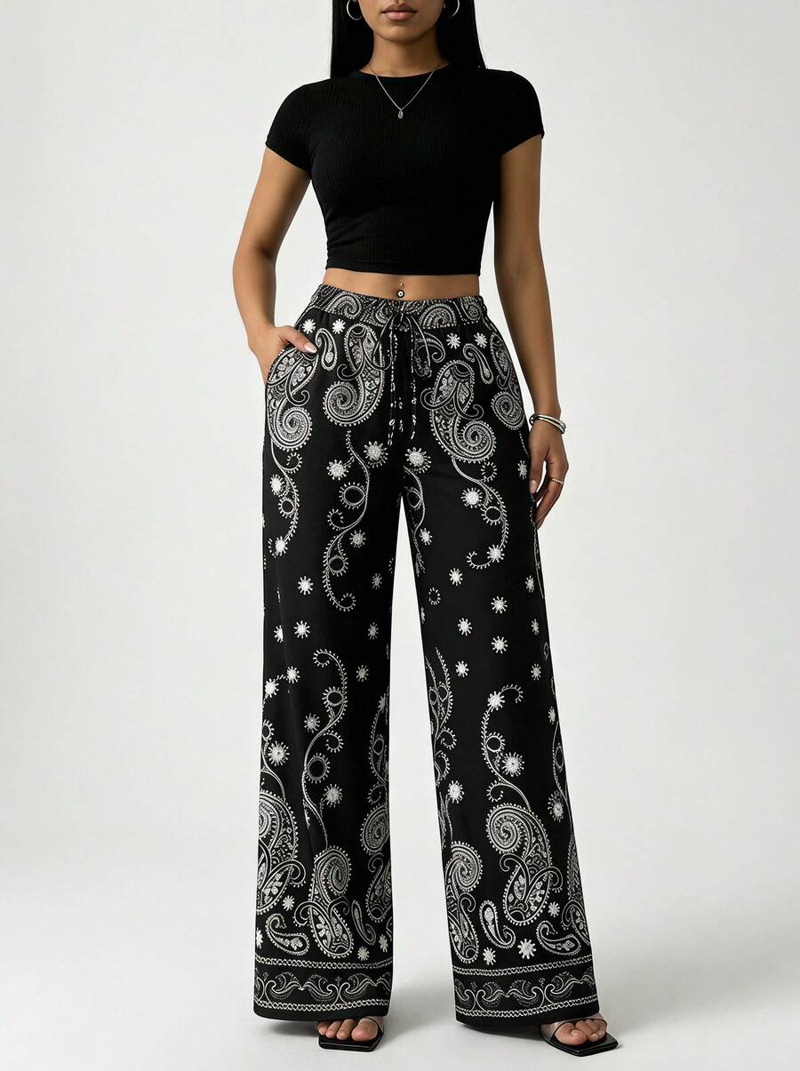 All-Over Allover Print Polka Dot & Floral Pattern Waist Tie Casual Pants For Home & Holiday Vacation Black - Black - View 1